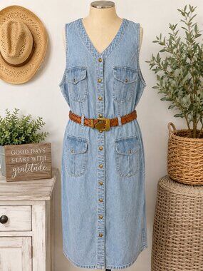 Vintage California Gold Rush Denim Shirt Dress Belted Button Front Size 22